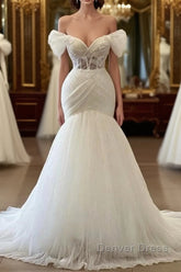 Elegant Off the Shoulder Floor Length Mermaid Tulle Wedding Dresses